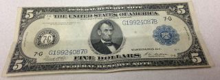 1914 Series $5 Dollar Bill Federal Reserve Bank Of Chicago Note photo