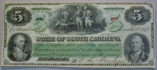 1873 Dated $5 Cu Obsolete State Of South Carolina Columbia Sc Sharp Us Five Note photo