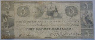1833 Rare Obsolete $5 Susquehanna Bridge & Bank Co.  Port Deposit Maryland Note photo