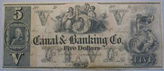 $5 Cu Obsolete Orleans Canal & Banking Co.  Louisiana Sharp Ben Frankllin 3 photo