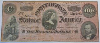 1864 $100 Dollar Confederate Us Bank Note Civil War Money Currency 3 photo