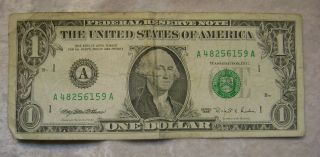 1995 One ($1) Dollar Usa Federal Reserve Note A48256159a Circulated photo