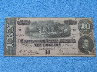 Civil War 1864 Confederate States Of America 10 Dollar Note Currency Paper Money photo