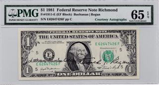 1981 $1 Pmg 65 Dual Courtesy Autograph Note Regan/ortega On Regan/buchanan Note photo