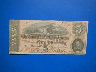 Civil War Confederate 1864 5 Dollar Bill Richmond Paper Money Five photo