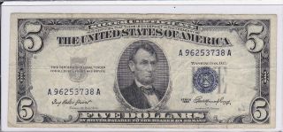 Vf 1953 Blue Seal $5.  00 Silver Cert Old Cash Rare Us Money Vintage Currency photo