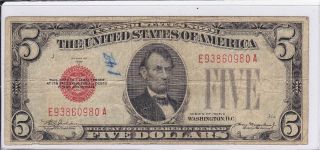 F - Vf 1928c Red Seal $5.  00 Us Note Cash Old Rare Us Money Vintage Currency Note photo