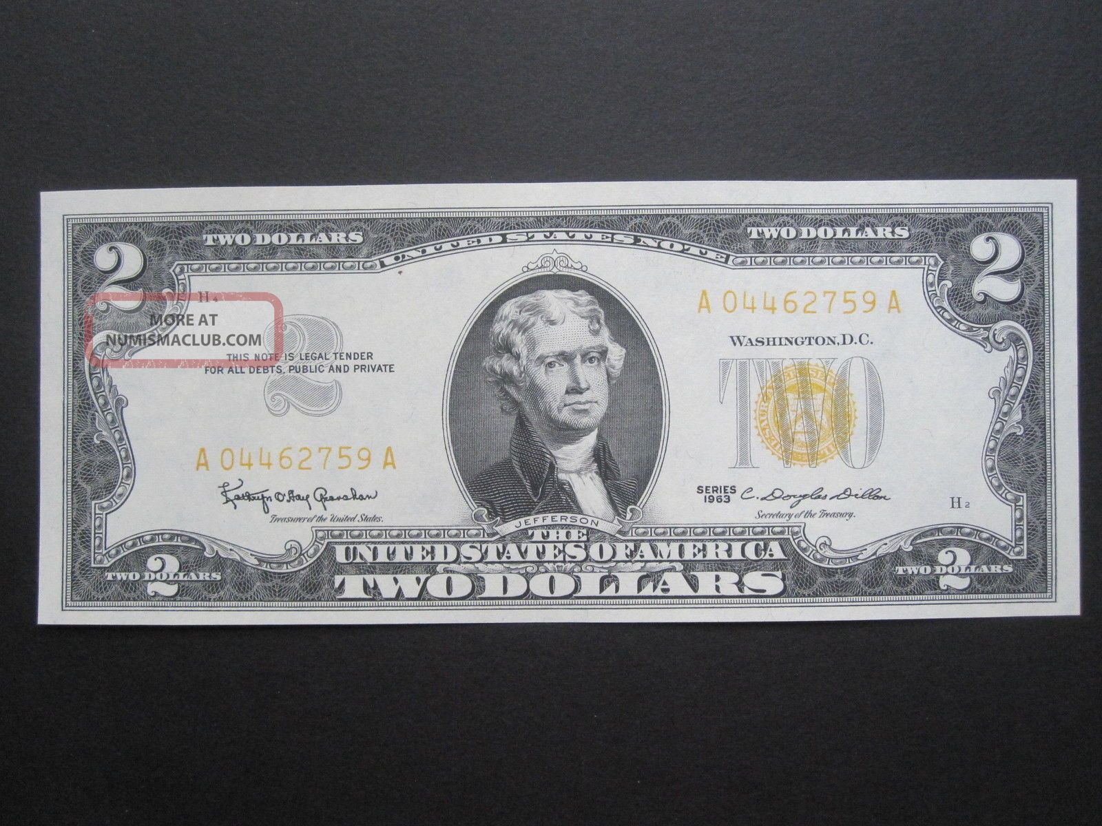 1963 2 Red Seal Uncirculated Us Note 2. 00 Bill Yellow Seal Us 2