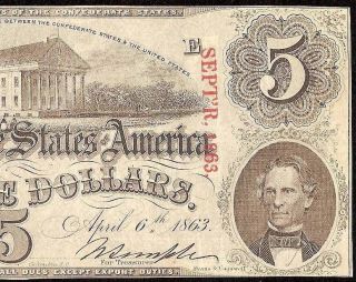 1863 $5 Dollar Bill Confederate States Currency Csa Civil War Note Paper Money photo