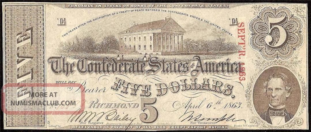1863 $5 Dollar Bill Confederate States Currency Csa Civil War Note ...
