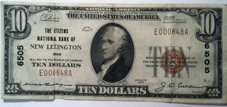 1929 $10 The Citizens National Bank Of Lexington Ohio Small Size Ch 6505 photo