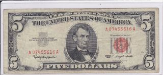 F - Vf 1963 Red Seal $5.  00 Us Note Cash Old Rare Us Money Vintage Currency Note photo