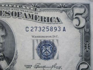 Uncirculated 1953 $5 Silver Certificate Blue Seal C - A Old Collectible Us Money photo
