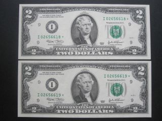 Uncirculated 2003 $2 Star Note Minneapolis 2 Consecutive Us Currency Cash Money photo