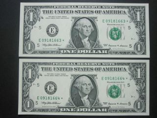 Gem Cu 1999 $1 Star Note E Richmond 2 Consecutive Us Collectible Old Paper Money photo