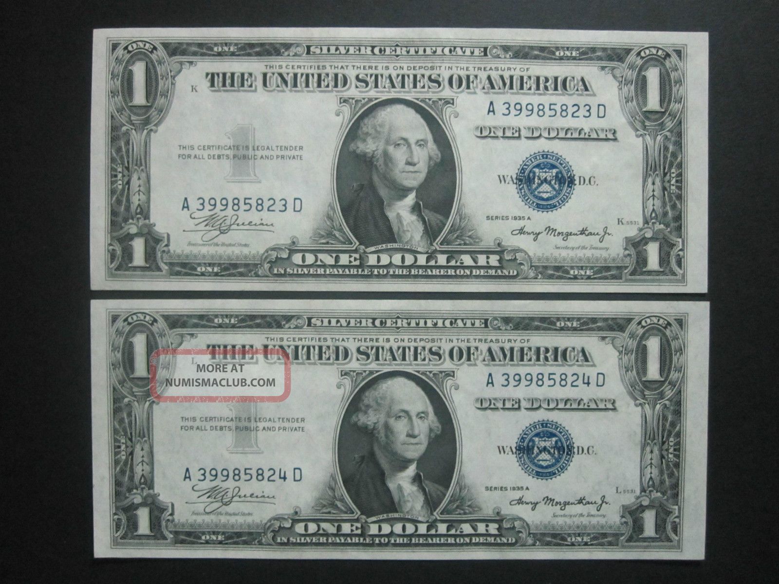 Uncirculated 1935 $1 Silver Certificate Consecutive Ad Block Us Old