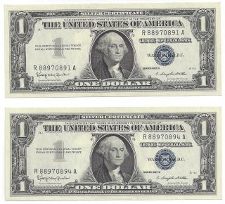 Two Near Consecutive Series 1957 B $1 Silver Certificates Choice Cu photo