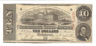 1863 $10 Dollar Bill Confederate Currency Note Civil War Era Paper Money T - 59 photo