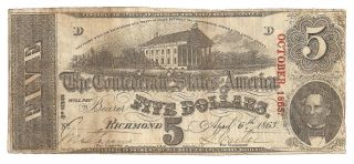 1863 $5 Dollar Bill Confederate Currency Note Civil War Era Paper Money T - 60 photo