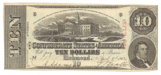 1863 $10 Dollar Bill Confederate Currency Note Civil War Era Paper Money T - 59 photo