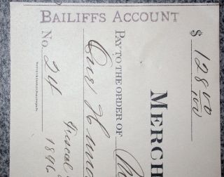1896 Rare Bailiffs Account Check Burlington Vermont Prison Court Bank Draft 13 photo