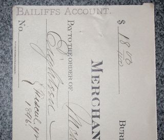 1896 Rare Bailiffs Account Check Burlington Vermont Prison Court Bank Draft 14 photo