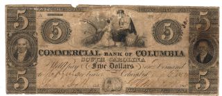 $5 Columbia Sc Commercial Bank Taylor Sumpter Old Paper Money Bill Note Currency photo