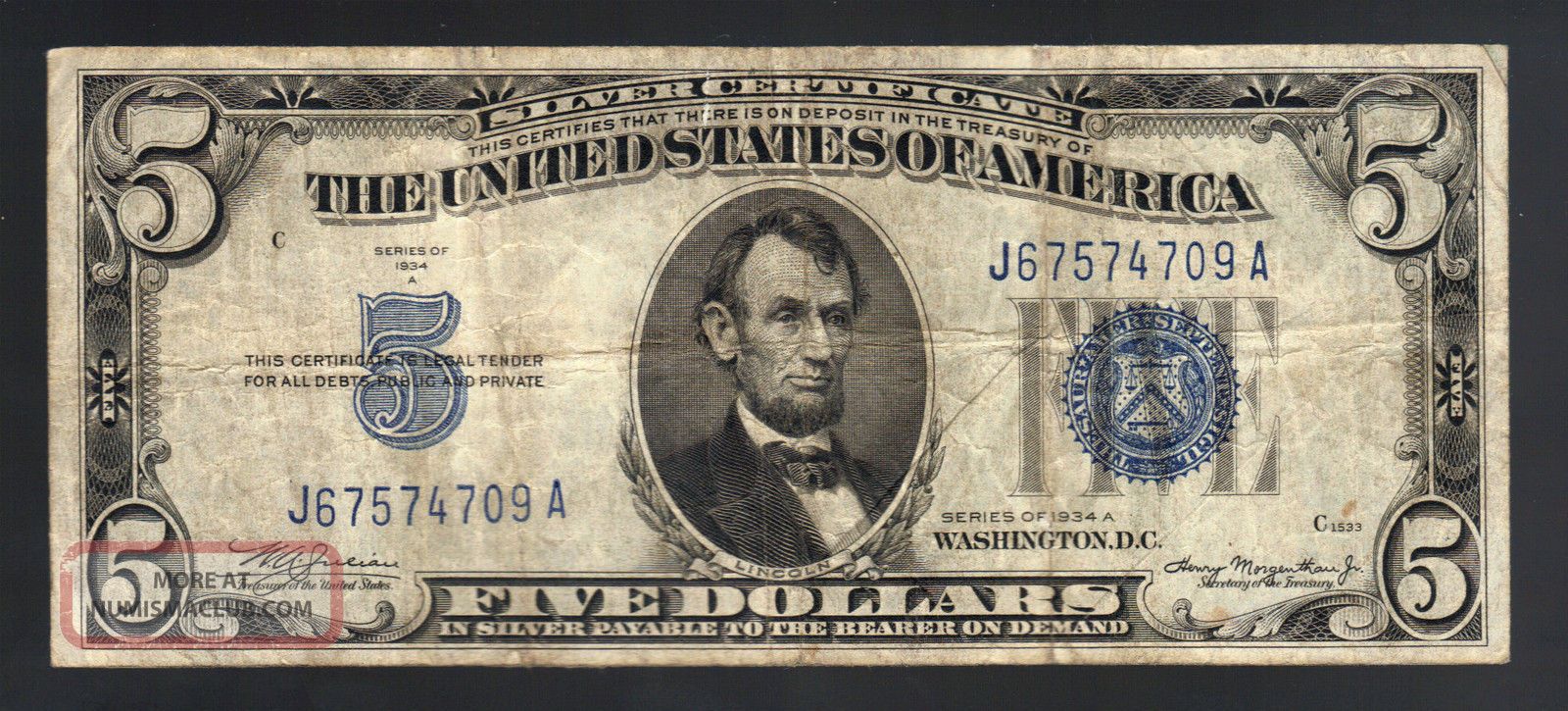 $5 1934a Blue Seal Usa Silver Certificate Julian Morgenthau Depression Era