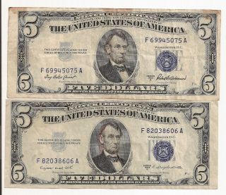 1953a And 1953b $5.  00 Blue Seal Silver Certificates photo