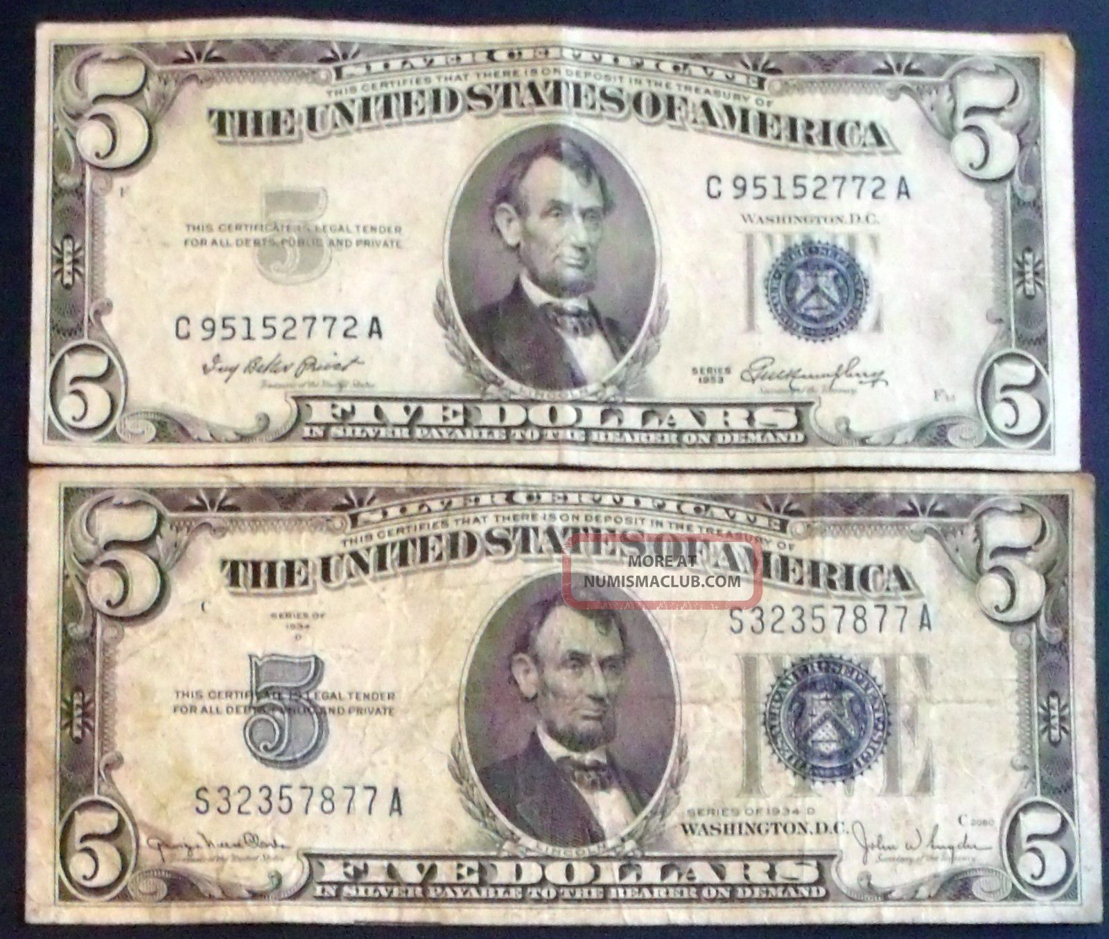 One 1953 $5 One 1934d $5 Blue Seal Silver Certificate (s32357877a)