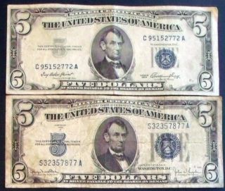 One 1953 $5 & One 1934d $5 Blue Seal Silver Certificate (s32357877a) photo