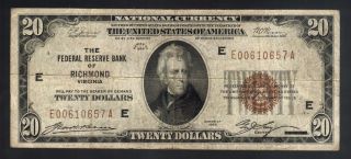$20 1929 National Richmond Va Brown Seal Jackson Federal Reserve Bank Note Bill photo