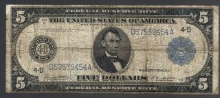 $5 1914 Federal Reserve Cleveland Blue Seal Redeem Gold Antique Us Currency Note photo