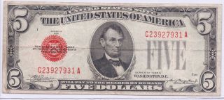 1928 - C Five Dollar Red Seal U.  S.  Note photo