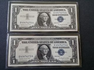2 Uncirculated 1957 A Series 1$ Silver Certificates From The Same Block photo