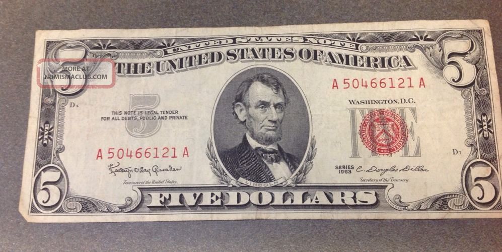 Five Dollars 5 Bill Red Seal 1963 five-dollars-5-bill-red-seal-1963