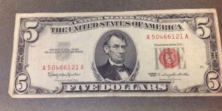 Five Dollars $5 Bill Red Seal 1963 photo