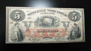 Scarce 1862 $5 The Somerset And Worcester Savings Bank - Salisbury,  Md. photo