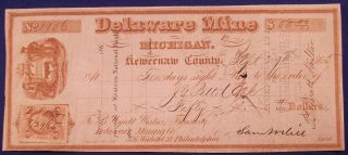Sept.  29th 1865 Delaware Mine Michigan $50 Mining Draft Signed By Sam Hill photo