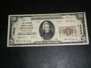 1929 $20.  00 Kingston National Bank,  Pa.  High Charter 14023, photo