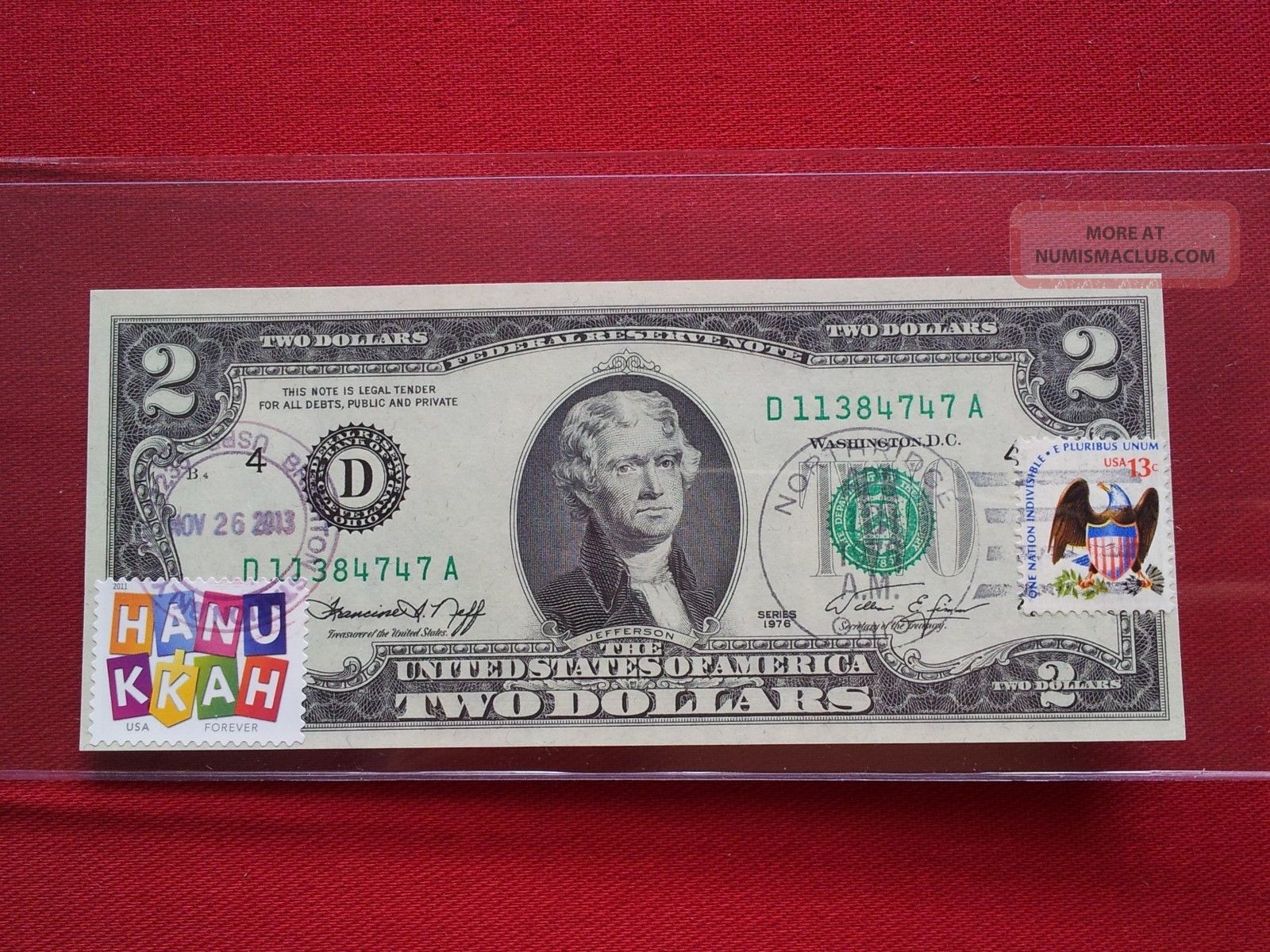 1976 2 Dollar Note First Day Of Issue Celebration Of Hanukkah Small Size Notes photo