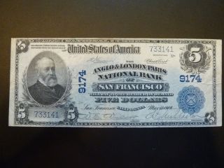 1902 $5 National Currency Note - Anglo& London Paris Nat ' L Bank Of Sanfrancisco photo