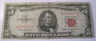 1963 Five Dollar Red Seal United States Note Paper Money Currency (19c) photo