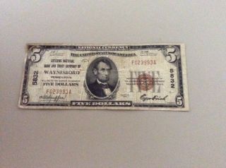 Waynesboro National Currency Note Citizens National Bank Trust Co.  $5.  00 Pa. photo