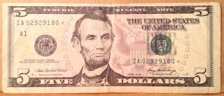 5 Dollar 2006 Star Note $5 Federal Reserve Note Dollar Bill Ia02929180 Star photo
