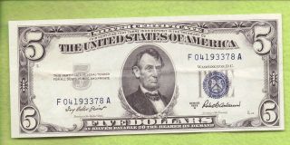 1953 - A $5 Silver Certificate X.  F/a.  U Crispy Note photo