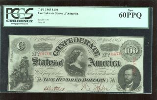 Confederate Currency $100 1863 T - 56 Richmond Virginia Pcgs 60ppq photo