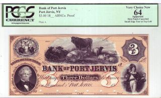 Bank Of Port Jervis $3 Proof - 1850s Orange County,  Ny Pcgs Graded Very Choice 64 photo