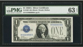 1928a One Dollar $1 Silver Certificate Funnyback Fr 1601 (ra Block) Pmg 63 Epq photo
