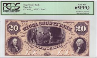 Tioga County Bank $20 Proof Note - 1850s Tioga,  Pa ☆pcgs Graded Gem 65 Ppq☆ photo